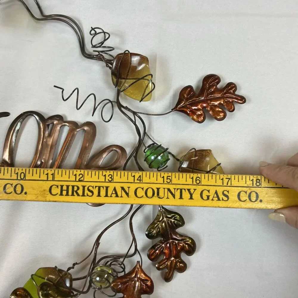 Fall Leaves Welcome Wreath Hanging Metal & Glass Decor Thanksgiving 17x13”